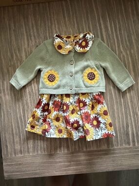 Kids Sunflower Print Dress with Green Knit Cardigan